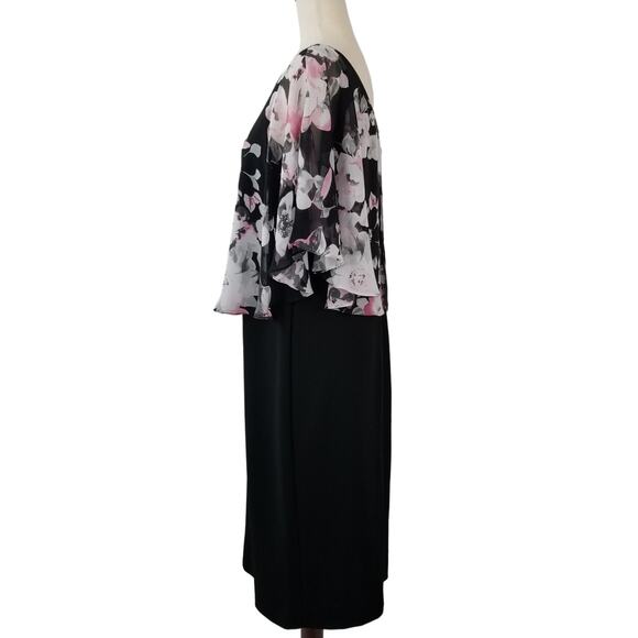 Connected Apparel Black White Pink Floral Overlay Dress Stretchy Excellent 10 - Picture 2 of 5